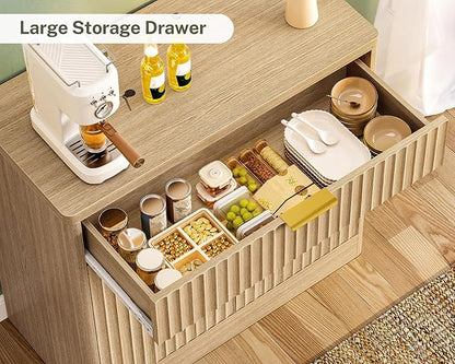 TEENFON 31.5" W Storage Cabinet with Drawer and Adjustable Shelf, Coffee Bar Cabinet, Fluted Sideboard Buffet Cabinet with 2 Doors for Living Room, Kitchen, Entryway, Natural