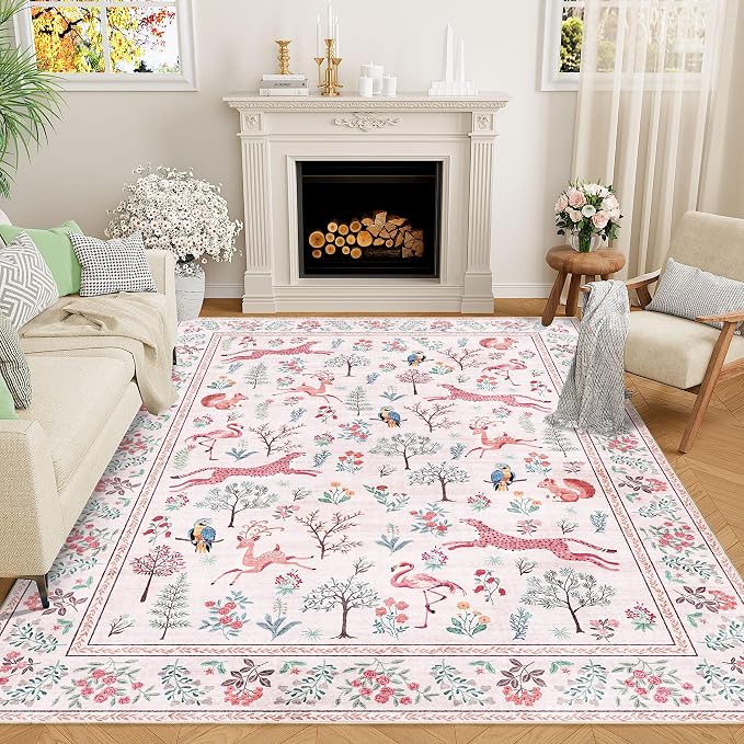 DUKINO 5x7 Rug, Washable Animal Living Room Rug with Non Slip Vintage Design, Soft Low Pile Large Carpet for Bedroom, Nursery, Dining Room, Farmhouse, Playroom, Pink
