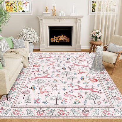 DUKINO 5x7 Rug, Washable Animal Living Room Rug with Non Slip Vintage Design, Soft Low Pile Large Carpet for Bedroom, Nursery, Dining Room, Farmhouse, Playroom, Pink