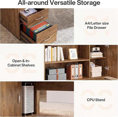 Tribesigns 85.8-Inch L-Shaped Executive Office Desk with File Drawers & Storage Cabinet, Professional Corner Computer Desk Extra Large Business Workstation with Adjustable Shelves, Light Brown