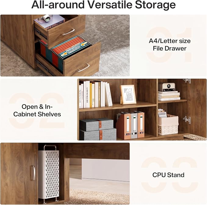 Tribesigns 85.8-Inch L-Shaped Executive Desk with File Drawers, Door Cabinet & Shelves, Extra Large Commercial Office Desk, Modern Professional Office Table, Business Furniture, Natural Oak