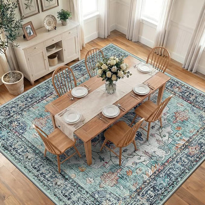 RELEANY Area Rugs Square 10ft Washable Non-Slip, Floral Vintage Distress Medallion Carpet for Living Room Bedroom Dining Room, Green Navy Blue White Red Teal