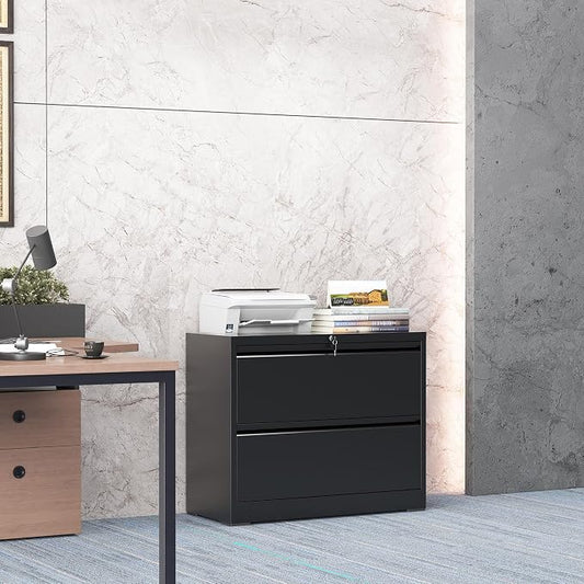 2 Drawer Lateral File Cabinet with Lock, Metal Lateral File Cabinets for Home Office, Steel Heavy-Duty Filing Storage Cabinet for Letters/Legal/A4 (Require Assembly, Black)