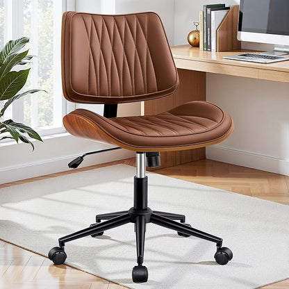 Ergonomic Armless Office Desk Chair - Mid-Century Modern Brown Faux Leather with Diamond Stitch, Adjustable Height Swivel Rolling Task Computer Chair with Walnut Accent for Home Office, Study & Work