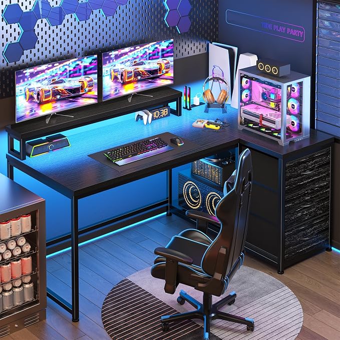 EnHomee 48Inch L Shaped Gaming Desk with 3 Drawers & Monitor Stand, Computer Desk with LED Lights & Power Outlet,Reversible Corner Desk for Gaming,Study Room,Home Office,Bedroom,Black