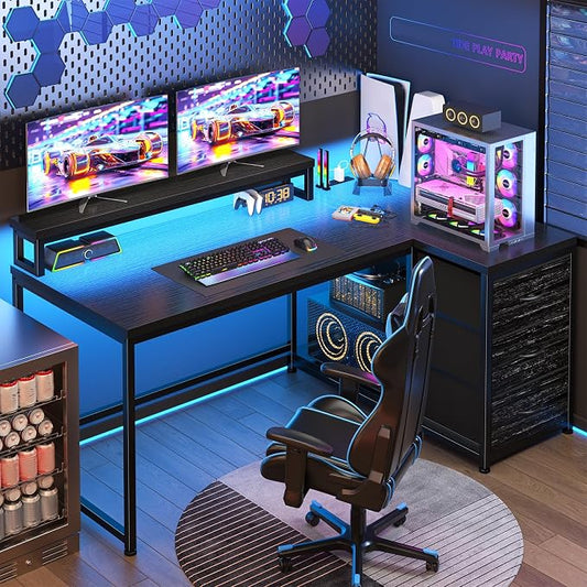 EnHomee 48Inch L Shaped Gaming Desk with 3 Drawers & Monitor Stand, Computer Desk with LED Lights & Power Outlet,Reversible Corner Desk for Gaming,Study Room,Home Office,Bedroom,Black
