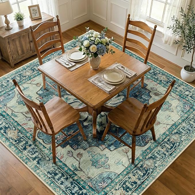 RELEANY Area Rugs Square 8ft Washable Non-Slip, Floral Vintage Distress Medallion Carpet for Living Room Bedroom Dining Room, Dark Blue Vintage