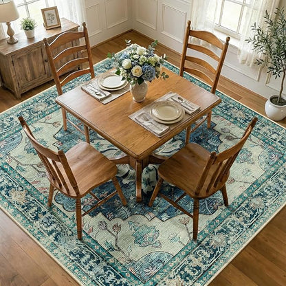 RELEANY Area Rugs Square 7ft Washable Non-Slip, Floral Vintage Distress Medallion Carpet for Living Room Bedroom Dining Room, Dark Blue Vintage