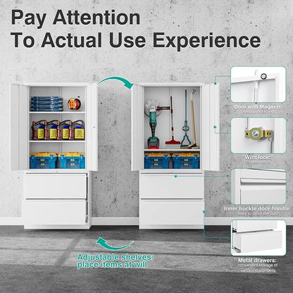 SISESOL Storage Cabinet Metal Display Cabinet with Glass Doors, 71in H x 31.5in W x 15.7in D, White, Kitchen Pantry Cabinet for Home Office, Bathroom, Bedroom, Living Room