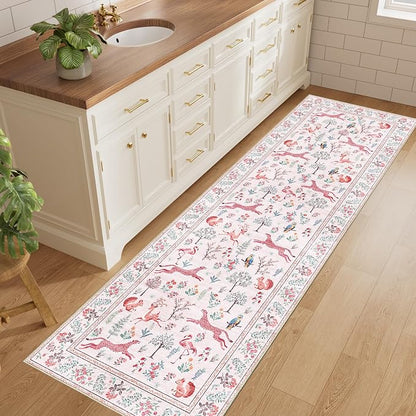 DUKINO 2x10 Rug for Hallway, Washable Kitchen Runner Rug with Non Slip Backing, Soft Low Pile Vintage Animal Runner for Bedroom, Kitchen, Hallway, Entryway, Laundry, Pink