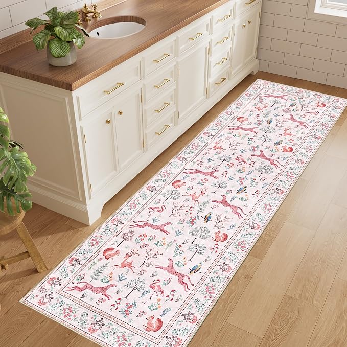 DUKINO 2.6x8 Rug for Hallway, Washable Kitchen Runner Rug with Non Slip Backing, Soft Low Pile Vintage Animal Runner for Bedroom, Kitchen, Hallway, Entryway, Laundry, Pink