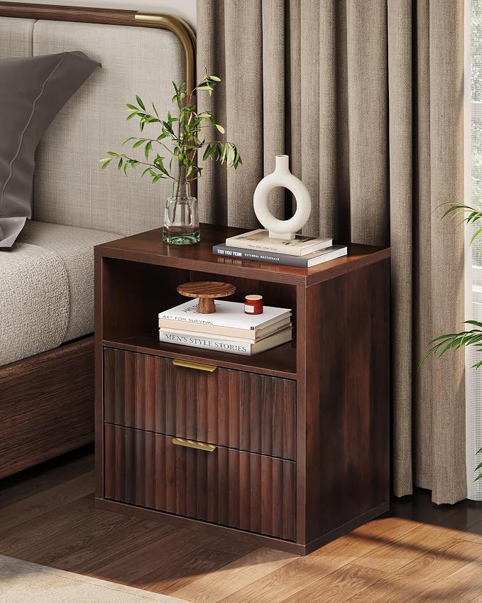 WLIVE Fluted Night Stand, Wood Nightstands with 2 Storage Drawers and Open Shelf, Mid Century Modern Bed Side Tables for Bedroom, Dorm, Espresso