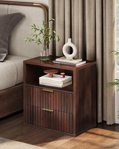 WLIVE Fluted Night Stand, Wood Nightstands with 2 Storage Drawers and Open Shelf, Mid Century Modern Bed Side Tables for Bedroom, Dorm, Espresso