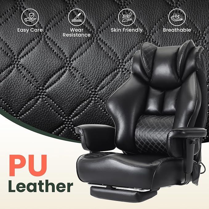 500lbs Big and Tall Office Chair Adjustable Lumbar Support, Extra Wide Seat Ergonomic Gaming Chair with Footrest, Heavy Duty High Back Executive Leather Computer Desk Chair