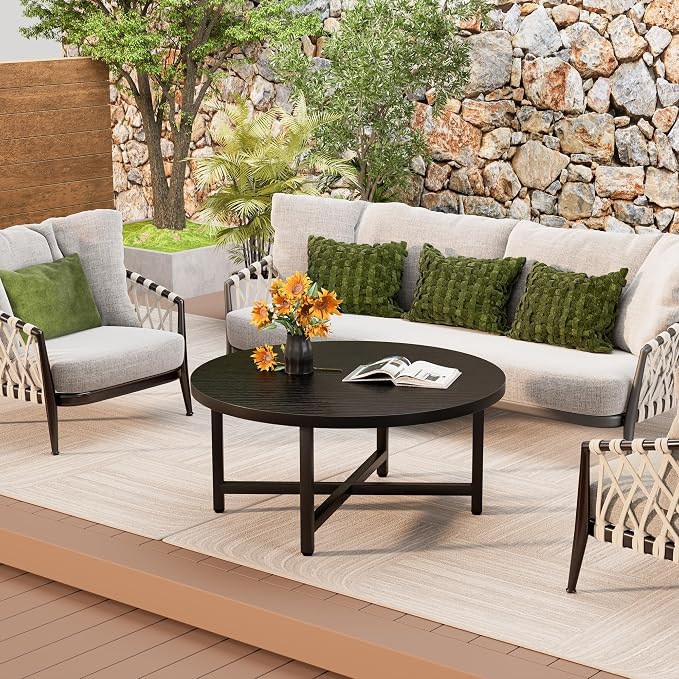 Coffee Table, 31.5" Large Coffee Tables, Black Round Coffee Tables for Living Room, Floor Table for Sitting on The Floor, Center Coffee Table with Metal Frame for Office Apartment Home