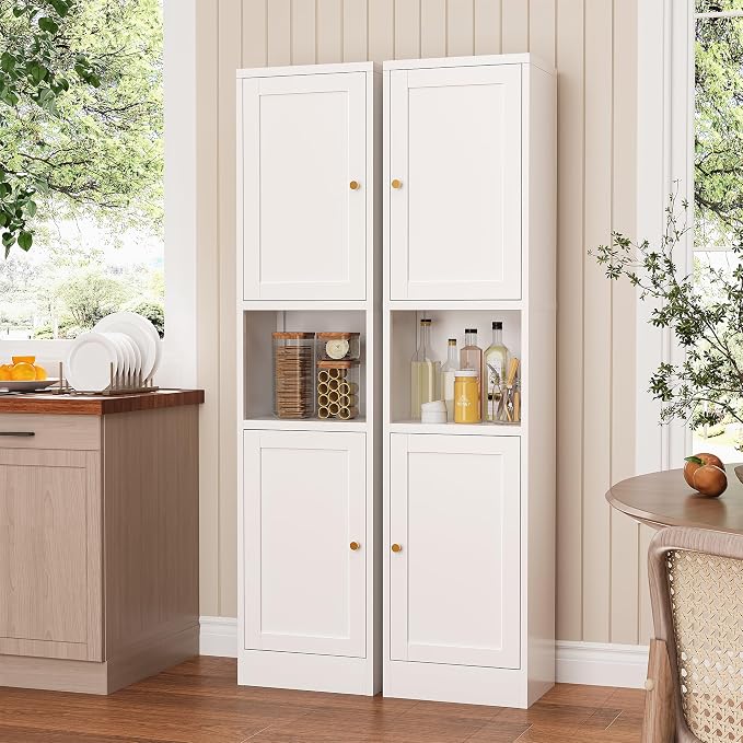 Tall Narrow Storage Cabinet,Metal Pantry Cabinet with Ajustable Shelves Open Countertop, Slim Sideboard for Small Spaces, Living Room, Kicthen, Dining Room, White