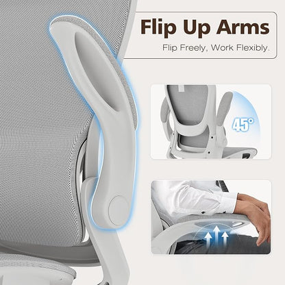 GABRYLLY Ergonomic Mesh Office Chair- White Desk Chair, Flip-Up Armrest, Adjustable Headrest, Tilting with Soft Seat and PU Wheel, Elite Home Desk Chair for Work, Study, Gaming (GY1108)