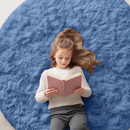 OLANLY Blue Round Rugs for Bedroom - Machine Washable, 5 ft Circle Area Rugs for Living Room, Soft and Fluffy Shaggy Carpet for Teen Girl and Boys, Nursery Rooms, Dorms, Home Decor Aesthetic