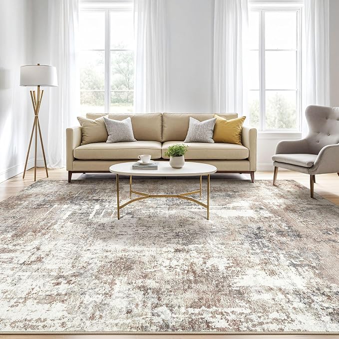 LOONGRUG 7x9 Area Rug Living Room: Machine Washable Large Abstract Soft Rugs Stain Resistant Indoor Floor Non Slip Accent Carpet for Bedroom Nursery Playroom Office Dining Room Dorm Home House- Brown