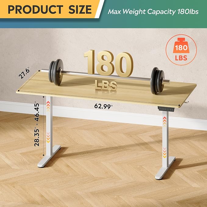 DEVAISE 63 Inch Electric Standing Desk, 3 Adjustable Computer Desk for Home Office, Ergonomic Sit to Stand Desk with LED Touchscreen，Headphone Hook, 3 Memory Preset, with Split Top, Maple