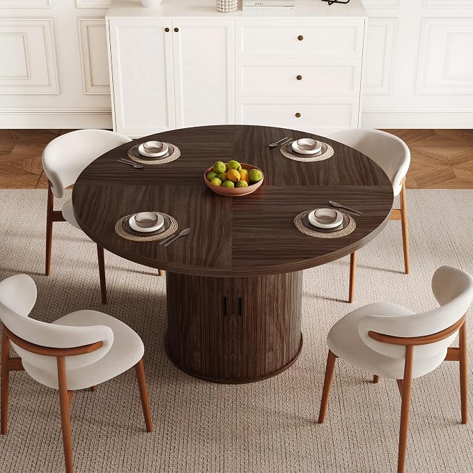 47 inch Round Dining Table for 4-6, Dinner Table with 2-Layer Storage Shelf, Morden Circle Kitchen Table with Wooden Strip Base and Wood Slide Door for Home Dining Room, Living Room, Walnut