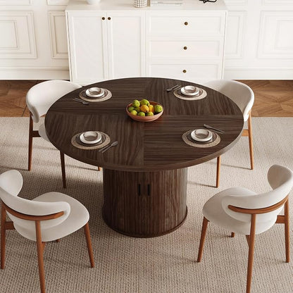 47 inch Round Dining Table for 4-6, Dinner Table with 2-Layer Storage Shelf, Morden Circle Kitchen Table with Wooden Strip Base and Wood Slide Door for Home Dining Room, Living Room, Walnut