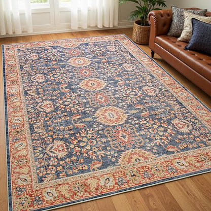 Goideal Washable Rug 5x7, Vintage Area Rugs Non Slip, Indoor Low Pile Carpet with Rubber Backing for Living Room Kitchen Bathroom Entryway Office Bedroom, Navy Blue & Orange