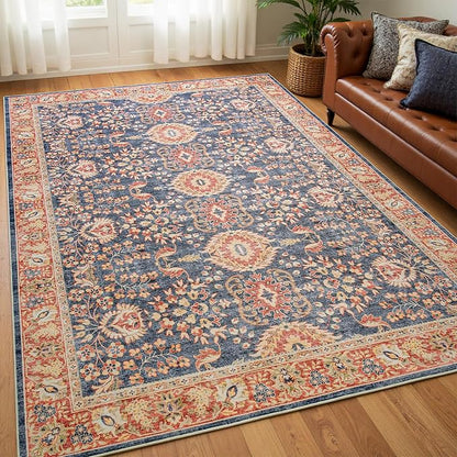 Goideal Washable Rug 3x5, Vintage Area Rugs Non Slip, Indoor Low Pile Carpet with Rubber Backing for Living Room Kitchen Bathroom Entryway Office Bedroom,Navy Blue & Orange