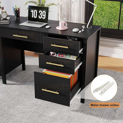 Black Executive Desk with Drawers: 54" Wood Computer Desk with File Drawer, Modern Home Office Desks with Storage, Fluted Writing Desks for Working, Studying (Black, 54")