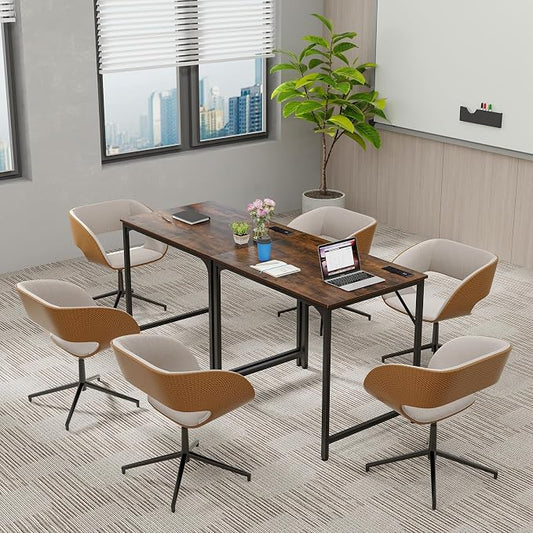COSTWAY Home Office Desk, 32 Inch Computer Desk with Recessed Power Strip, Storage Bag & Headphone Hook, Wide Desktop, Modern Computer Workstation Writing Table for Home, Office (Rustic Brown + Black)