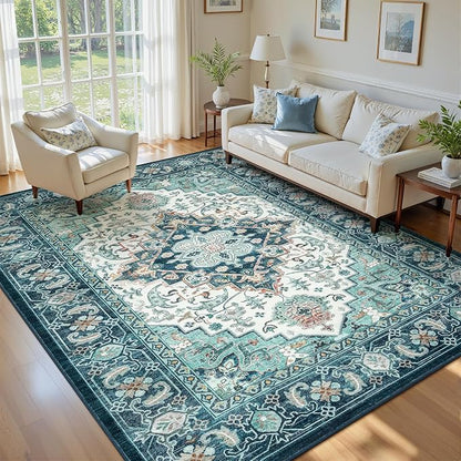 Lofus 5x7 Washable Rugs Non-Slip, Vintage Floral Area Rug for Living Room Bedroom Dining Room Kitchen, Low Pile Distress Print Medallion Carpet Home Decor Rug, Floral Green Beige