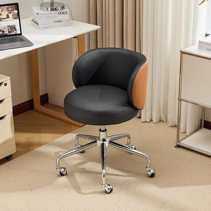 VINGLI Cute Small Swivel Desk Chair Comfy with Wheels,Ergonomic Low-Back Lumbar Support Vanity Nail Tech Rolling Task Stool Chair for Home Office,Height Adjustable,PU Leather Black&Suede Brown