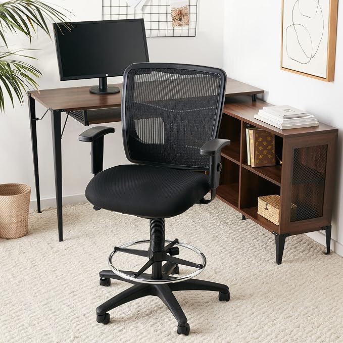 Lorell Ratchet Stool Office Chair - Ergonomic Mid-Back Design with Breathable Mesh, Cushioned Fabric Seat, Adjustable Chrome Foot Ring & Arms - Perfect Comfort for Your Workspace