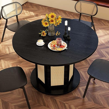 DWVO Round Dining Table for 4-6 People 47 Inch Farmhouse Kitchen Table with Rattan Circular Base Wooden Dinner Table for Dining Room Family Gathering, Black