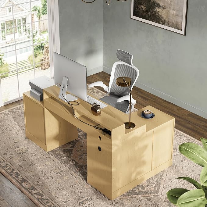 67" L Shaped Executive Desk with Drawers & Storage Shelf, Corner Computer Desk with Power Outlets, Home Office Desk with Monitor Stand, Printer Shelf, Computer Writing Desk for Work, Oak