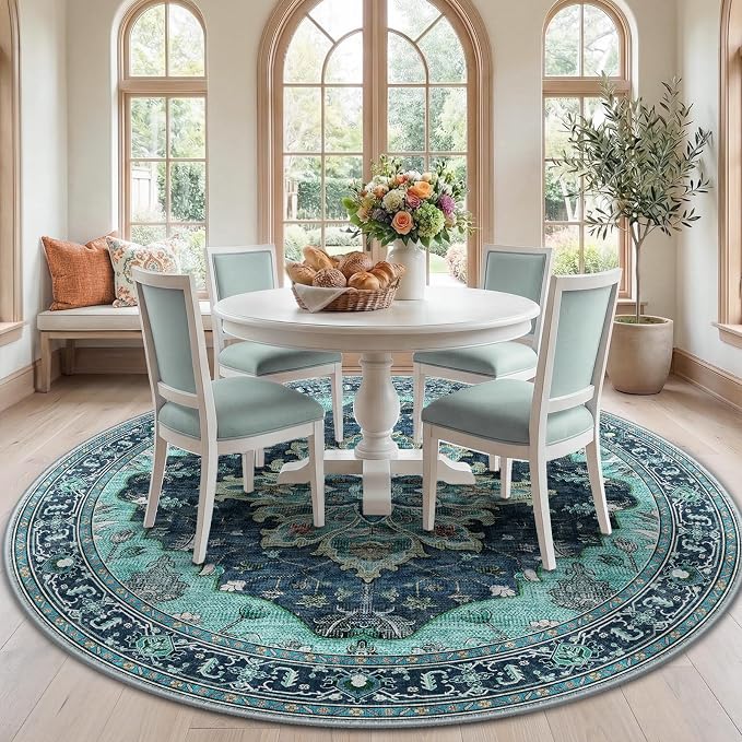 RELEANY Area Rugs Round 7ft Washable Non-Slip, Floral Vintage Distress Medallion Carpet for Living Room Bedroom Dining Room, Teal Green Lake Blue Turquoise