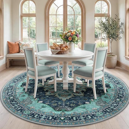 RELEANY Area Rugs Round 7ft Washable Non-Slip, Floral Vintage Distress Medallion Carpet for Living Room Bedroom Dining Room, Teal Green Lake Blue Turquoise