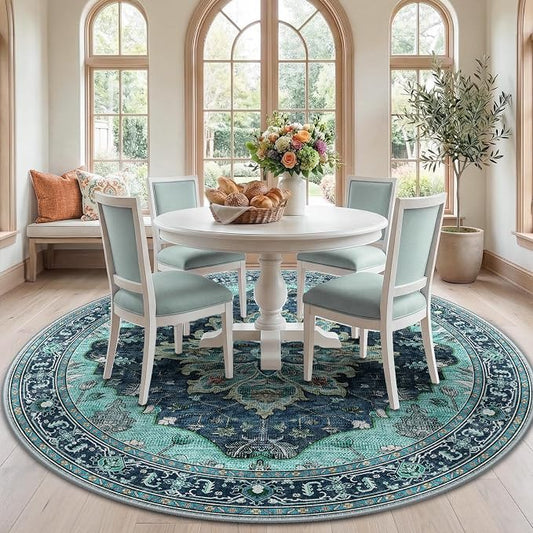 RELEANY Area Rugs Round 7ft Washable Non-Slip, Floral Vintage Distress Medallion Carpet for Living Room Bedroom Dining Room, Teal Green Lake Blue Turquoise