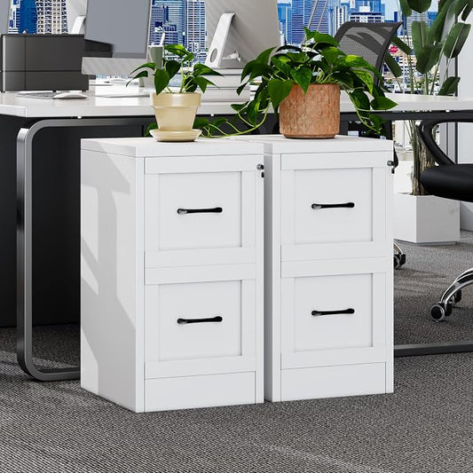Small Metal 2-Drawer File Cabinet, Under-Desk Filing Cabinet, White | Locking, Adjustable Hanging Rail, Fit A4, FC, Letter, Hanging File Folders for Home Office Storage Organization, 2PS
