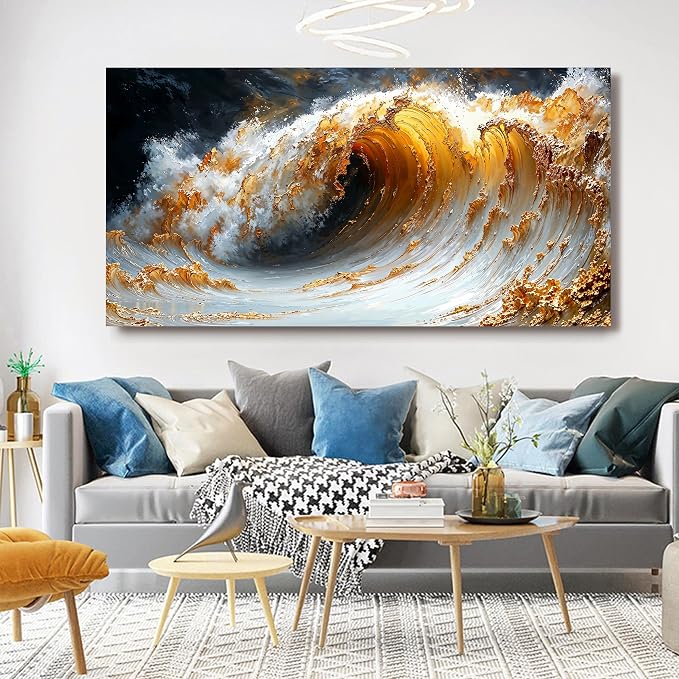 Canvas Wall Art Decor Large Wall Art for Living Room Large Artwork for Walls Gold Wave Wall Art Pictures Art Work for Wall Decor Modern Abstract Wall Art Prints Bedroom Office Decor 29" X 58"
