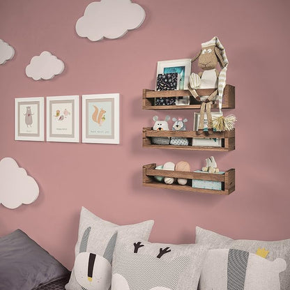 NATURE SUPPLIES Set of 3, 16.4". Nursery Book Shelves, Solid Wood for Books, Toys, Decor, Wall Bookshelf for Kids Bedroom, Floating Shelf, Stylish and Functional Storage Solution, Brown