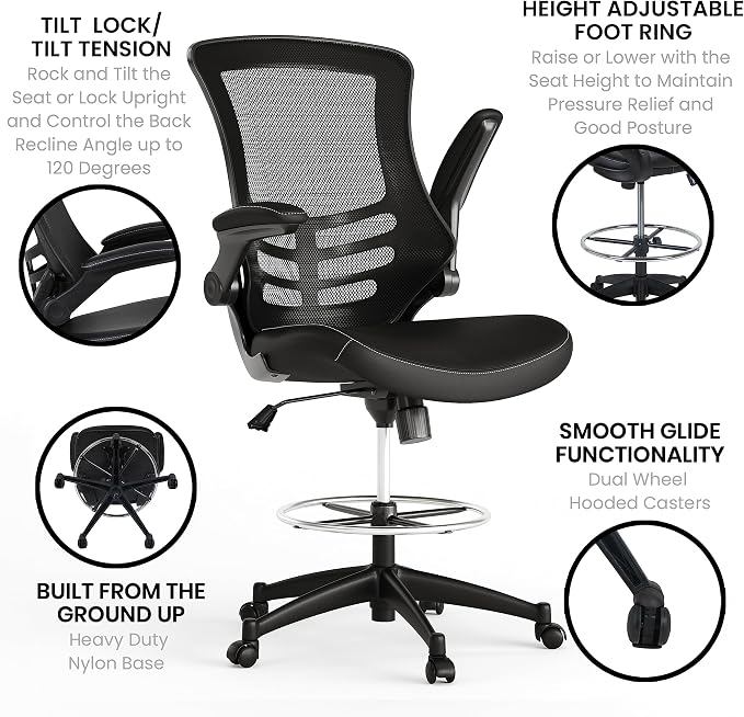 Flash Furniture Kelista Mid-Back Swivel Office Chair with Adjustable LeatherSoft Seat Height, Ergonomic Mesh Chair with Flip-Up Arms, Black