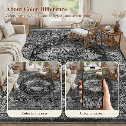 UERMEI 10x14 Area Rug Living Room Rugs - Washable Vintage Soft Large Rug Indoor Floor No Slip Rug Carpet for Bedroom Farmhouse Under Dining Table Home Office Decor - Black