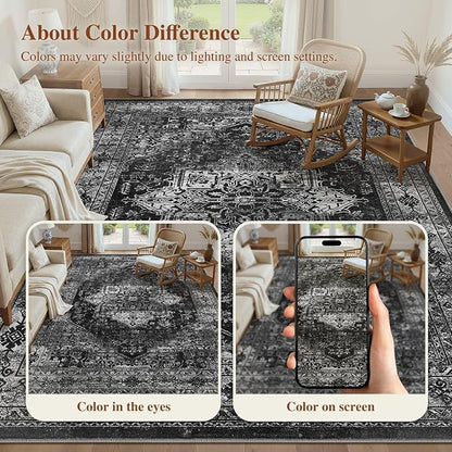 UERMEI 5x7 Area Rug Living Room Rugs - Washable Vintage Soft Large Rug Indoor Floor No Slip Rug Carpet for Bedroom Farmhouse Under Dining Table Home Office Decor - Black