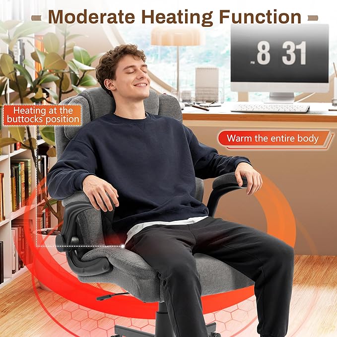 Massage Office Chair, 500LBS Ergonomic Rocking Executive Desk Chairs with 4 Points Vibration&Heat,Padded Flip-up Armrests for Big and Tall Office Chair,Swivel Computer Chair Thicken Back,Fabric Grey