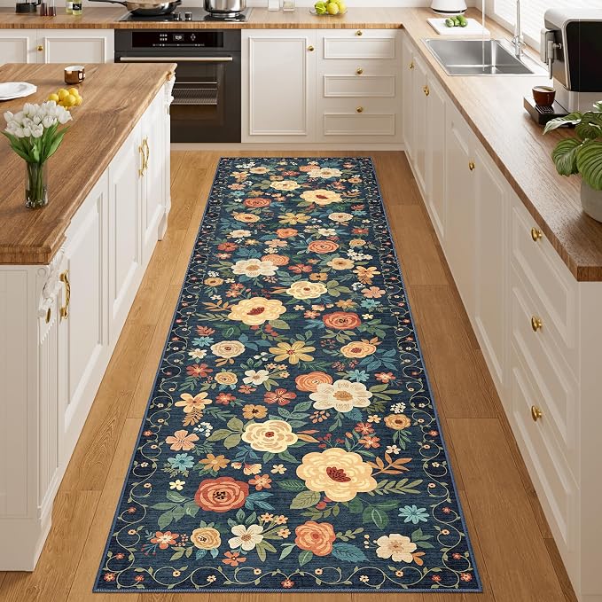 DUKINO Runner Rug for Hallway, 2.6x10 Washable Floral Long Kitchen Rug with Non Slip Backing, Lightweight & Stain Resistant Runners for Indoor Entrance, Laundry, Living Room, Bedroom, Navy Blue