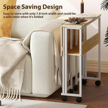 Garvee Folding Desk Small Rolling Desk with Storage Shelf,31.5 Inch Foldable Computer Table for Small Spaces, Space Saving Sofa Table with Wheels for Home Office, Study, Easy Assembly,