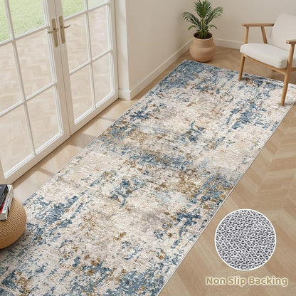 Runner Rug Kitchen Washable Rugs: 3x10 Non-Slip Abstract Soft Modern Stain Resistant Indoor Floor Neutral Accent Throw Carpet for Hallway Bathroom Laundry Room Entryway Bedroom- Blue Tan
