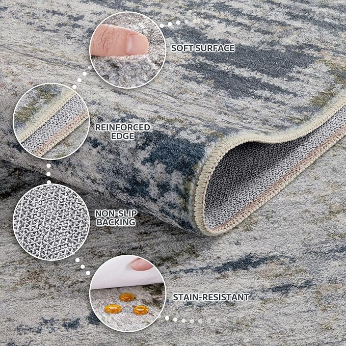 DMOYEST Area Rug Living Room Rugs - 6x9 Washable Large Soft Indoor Neutral Modern Abstract Low Pile Rug Carpet for Bedroom Dining Room Farmhouse Home Office - Blue/Grey/Brown
