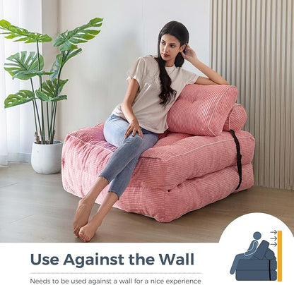 MAXYOYO Folding Sofa Bed, Convertible Chair with Pillow Foldable Couch with Back Support, Portable Fold Out Chair Bed Comfy Floor Sofa Lounge for Living Room Bedroom, Pink, Single